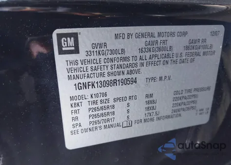 2008 Chevrolet Tahoe Lt из США, поврежденный, VIN 1GNFK13098R190594